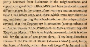 1795 AD – 1797 AD: Negroes In Possession of Pentateuch Written In Arabic